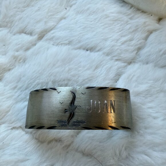 Genuine Pewter Vintage Cuff Bracelet - Engraved Name "Joan" Seagull Silver - Picture 2 of 5
